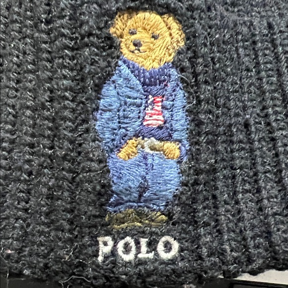 POLO Ralph Lauren Unisex One Size Black Wool Blend Flag Bear Rib-Knit Beanie - Picture 2 of 4